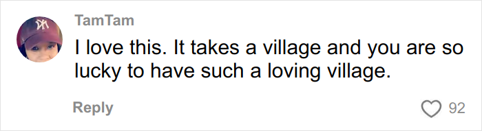 Comment from TamTam about appreciating a loving village, related to a woman sharing why she has 7 parents.