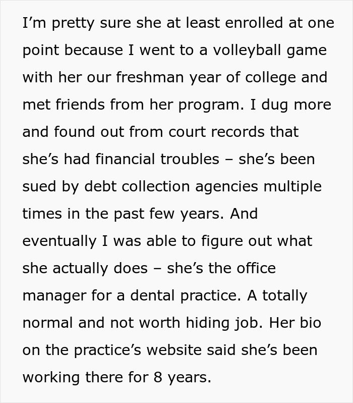 Text excerpt revealing a woman’s fabricated career stories and financial troubles over a decade-long lie.
