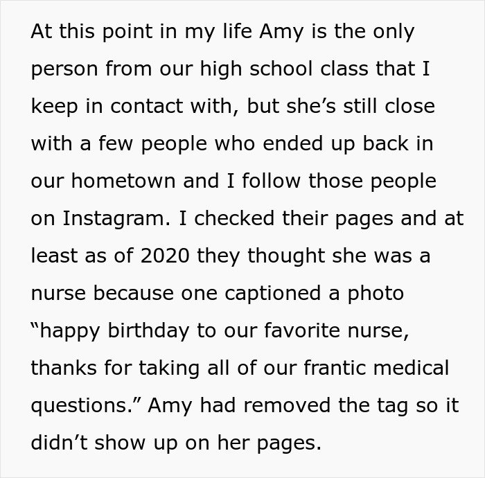 Text excerpt about a woman who lies about her career for 10 years, creating fictional stories to support it.