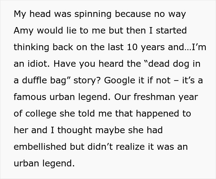 Text excerpt discussing a woman who lies about her career for 10 years, sharing wild and embellished stories.