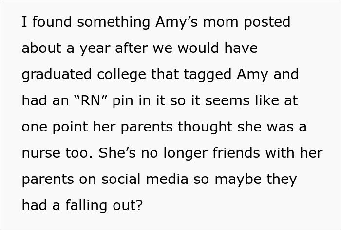 Text discussing a woman deciding to lie about her career as a nurse for 10 years with fabricated stories.