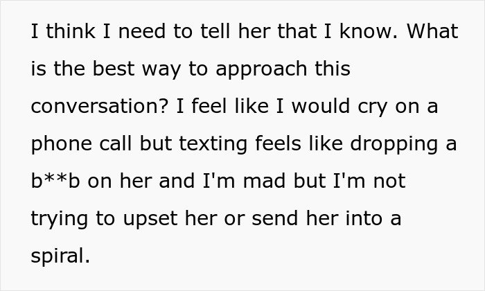 Text about a woman deciding how to approach a difficult conversation regarding her career lies and feelings of frustration.