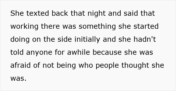 Text on a screen describing a woman who decided to lie about her career and made up wild stories over time.