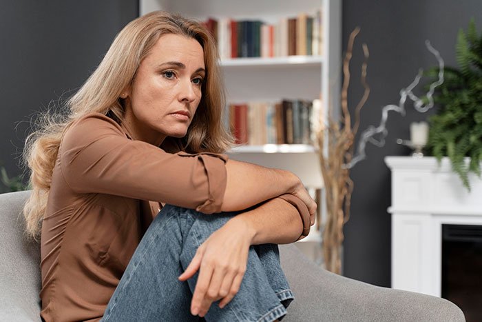 Woman sitting on a couch looking pensive, reflecting on a decade of lies about her career and wild fabricated stories.