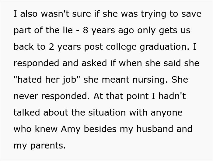 Text excerpt about a woman who decides to lie about her career for years, creating wild stories to explain it.