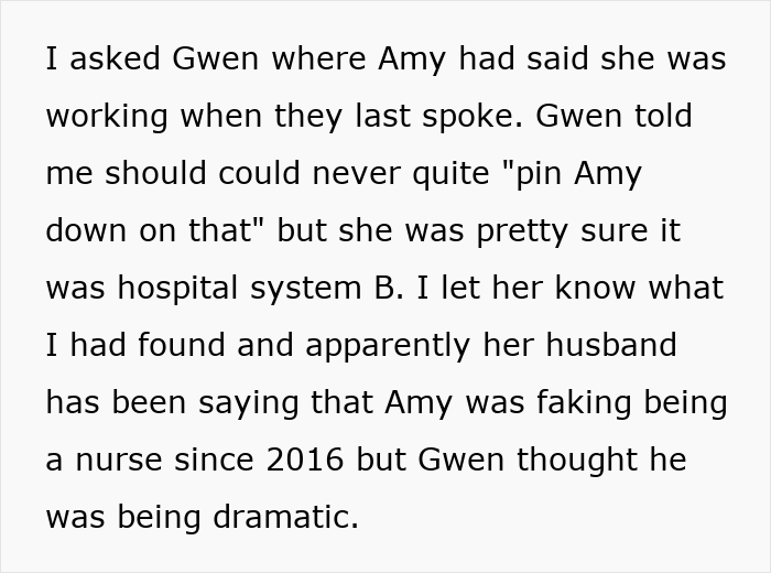 Text excerpt discussing a woman who decides to lie about her career and invents wild stories to cover it.