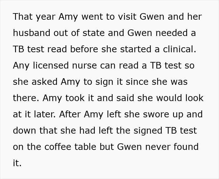 Text excerpt showing a woman’s story involving a signed TB test, linked to lies about her career and fabricated stories.