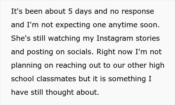 Text excerpt showing a woman’s story about social media activity while deciding to lie about her career for years.