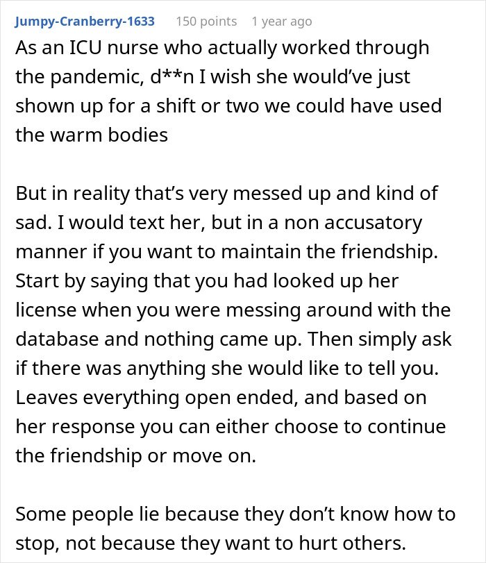 Comment discussing the impact of a woman who lies about her career for years, with advice on handling the situation.