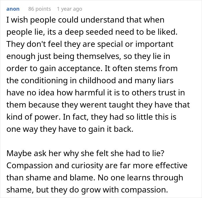 Comment discussing the psychology behind why a woman decides to lie about her career and gain acceptance.