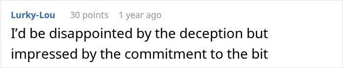Screenshot of a comment about deception and commitment related to a woman who lies about her career for years.