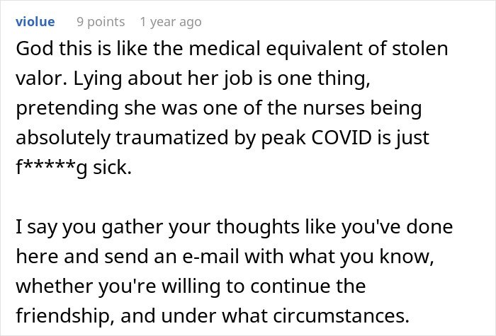 Reddit comment criticizing woman who lies about her career, discussing impact of fabricated nursing stories during COVID peak.