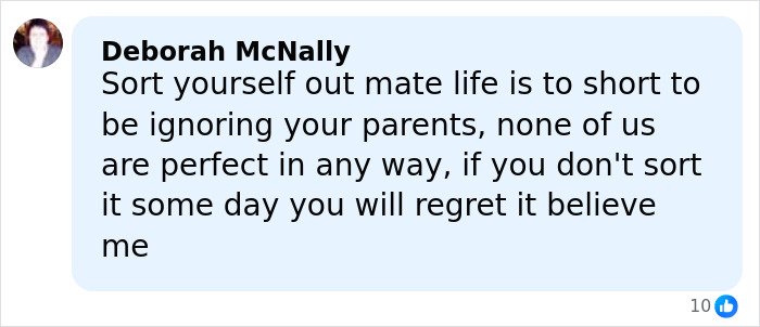 Comment by Deborah McNally advising to value parents and avoid regrets, related to Harper Beckham Daddy's Girl family situation.