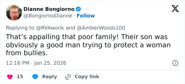 Profile photo of a woman replying on social media about Alex Pretti’s parents learning his fate from a reporter.