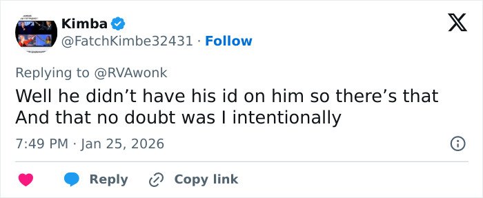 Tweet by Kimba discussing the news about Alex Pretti’s fate revealed to his parents by a reporter.