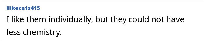 Comment text from user ilikecats415 expressing views on the lack of chemistry between Margot Robbie and Jacob Elordi in a steamy shoot.