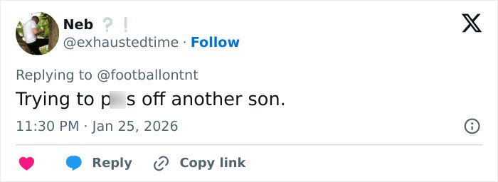 Tweet reply on social media about David Beckham publicly teasing son amid ongoing family rift.