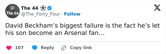 Tweet from The 44 teasing David Beckham about his son becoming an Arsenal fan amid ongoing family rift crisis.