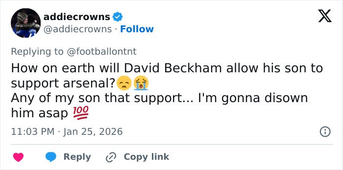 Screenshot of a social media post teasing David Beckham’s son amid ongoing family rift and crisis discussions.