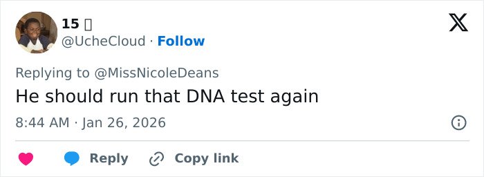 Tweet screenshot showing a user commenting on a family rift involving David Beckham and his son, suggesting a DNA test.