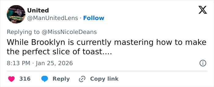 Screenshot of a tweet teasing Brooklyn Beckham mastering how to make the perfect slice of toast amid family rift discussion.