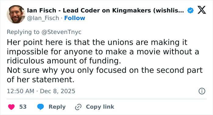 Tweet by Ian Fisch discussing Kristen Stewart hinting at a deeper reason behind her possible exit from the US film industry.