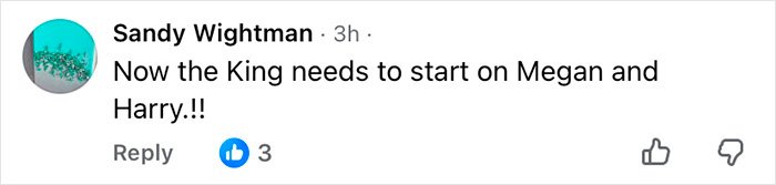 Facebook comment by Sandy Wightman discussing the King and mentioning Megan and Harry in a casual tone.