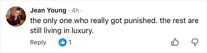 Comment on social media by Jean Young criticizing punishment and luxury despite eviction of Prince Andrew.