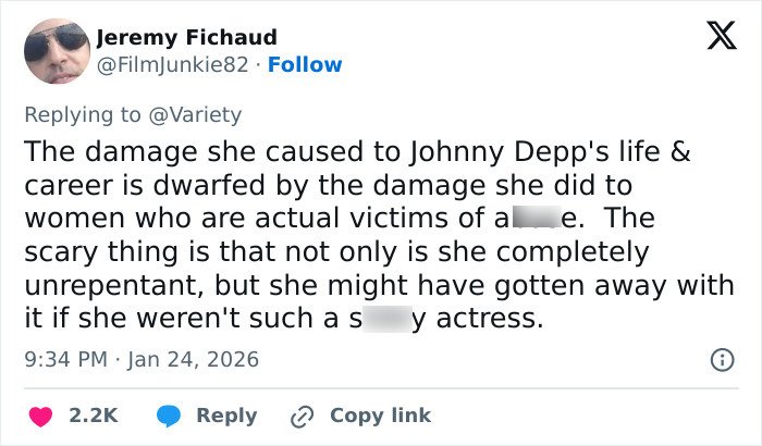 Tweet screenshot discussing Amber Heard in relation to defamation suits and the Depp trial sparking public fury.