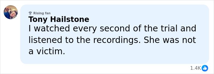 Comment by Tony Hailstone expressing opinion on Amber Heard in defamation suits and Depp trial discussions.