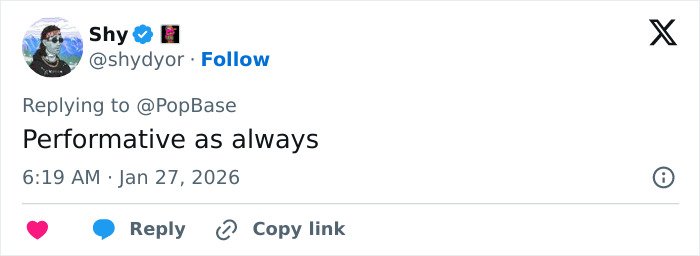 Tweet by user Shy replying to PopBase, commenting performatively on Billie Eilish's response in American Way of Thinking controversy.
