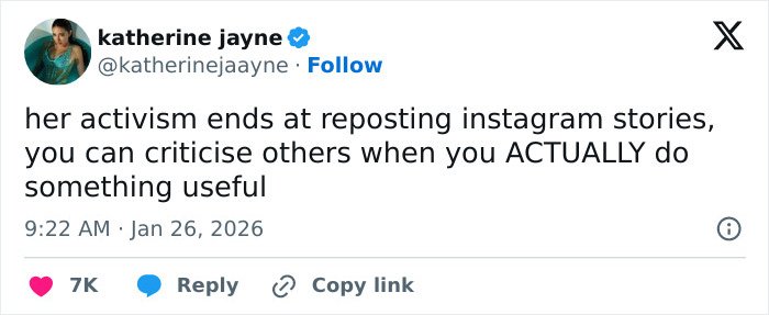 Tweet by Katherine Jayne criticizing Billie Eilish's American way of thinking on activism in the ICE controversy.