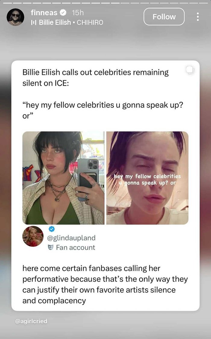 Screenshot of social media post showing Billie Eilish addressing celebrities silent on ICE controversy amid fan backlash.