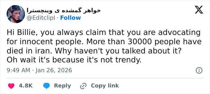 Screenshot of a tweet criticizing Billie Eilish’s American way of thinking on ICE controversy and her advocacy.