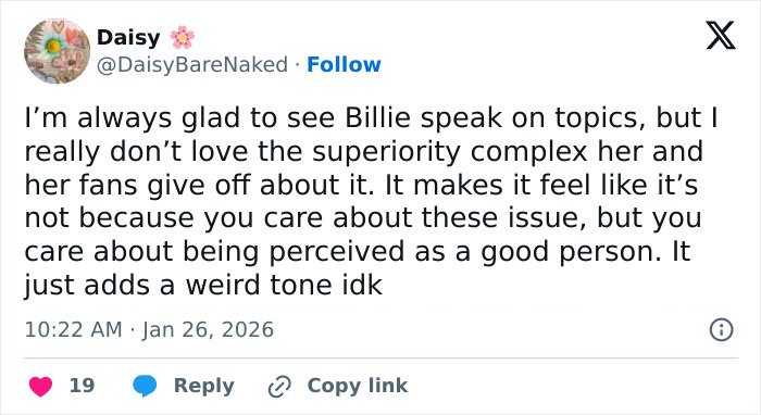Tweet expressing mixed feelings about Billie Eilish's response to ICE controversy and American way of thinking criticism.