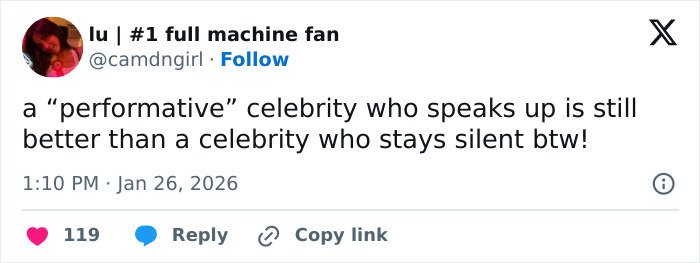 Tweet criticizing silence on controversial topics, reflecting American way of thinking about Billie Eilish’s ICE controversy response.