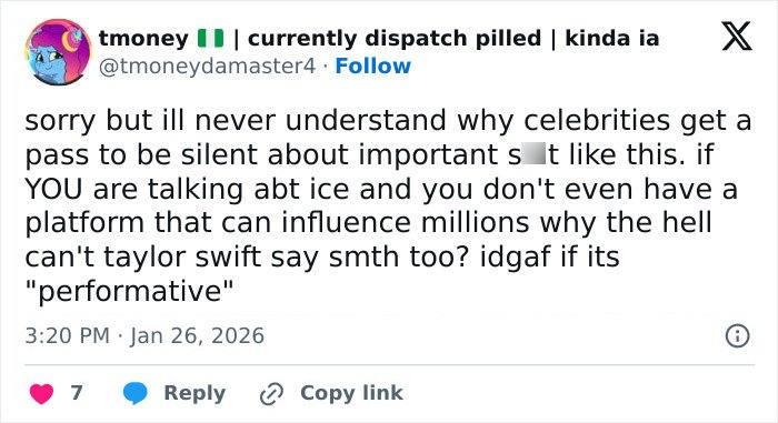 Tweet criticizing celebrities’ silence on ICE, questioning influence and American way of thinking on the issue.