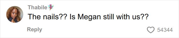 Social media comment questioning Megan’s nails, highlighting engagement with trending Heated Skin Syndrome discussions.
