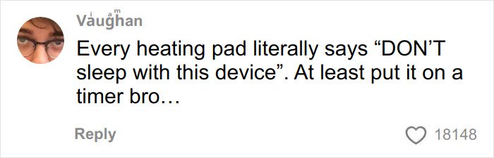Comment highlighting warning on heating pad use to avoid toasted skin syndrome and related skin damage risks.
