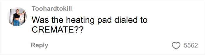 TikTok comment questioning heating pad settings in viral video showing body effects of toasted skin syndrome.