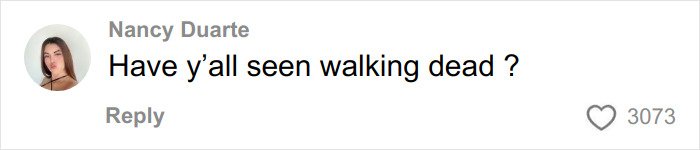 Comment by Nancy Duarte saying Have y’all seen walking dead with 3,073 likes on social media platform.