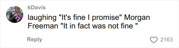 Comment by kDavis showing text about laughing and quoting Morgan Freeman about not being fine, with 2163 likes.
