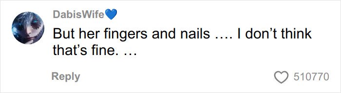 Comment from social media user DabisWife expressing concern about fingers and nails, related to toasted skin syndrome.