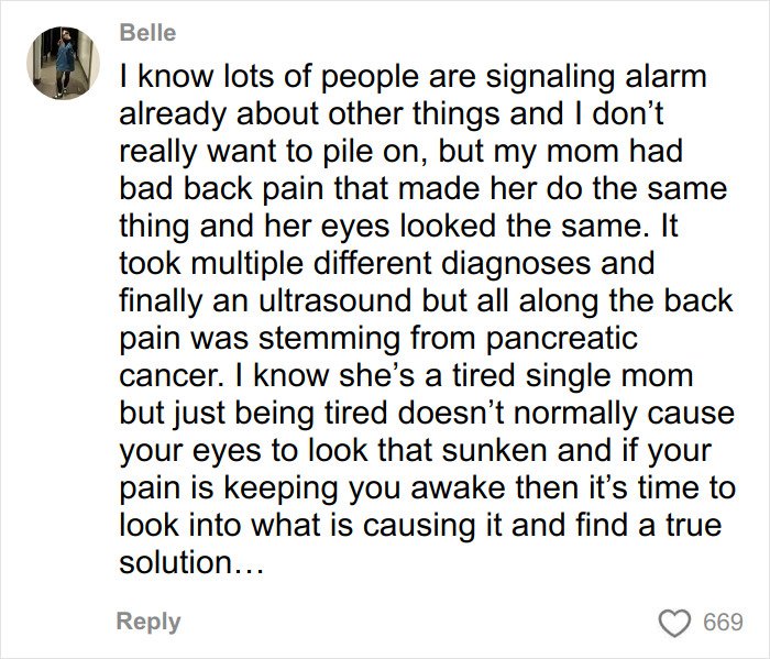 Comment from Belle sharing a story about back pain and diagnosis, related to toasted skin syndrome and heating pad use.