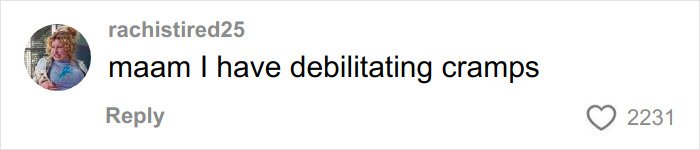 Comment on social media from user rachistired25 mentioning debilitating cramps with 2231 likes, related to toasted skin syndrome.