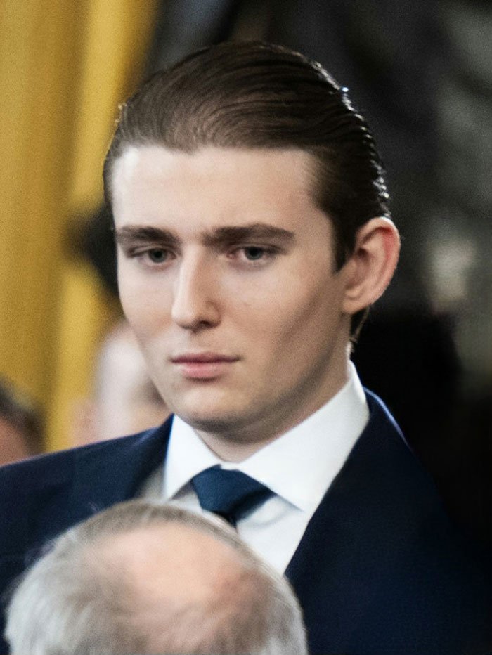 Barron Trump in formal suit looking serious during an event, related to late-night emergency call and judge challenge.