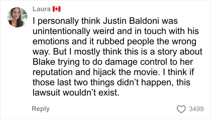 Comment by Laura on disturbing comments by Justin Baldoni exposed during Blake Lively's driver testimony in legal dispute.
