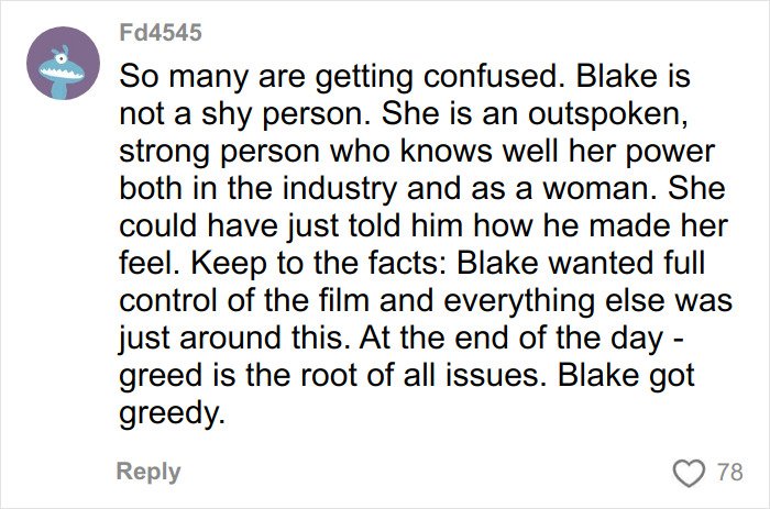 Comment by user Fd4545 discussing Blake Lively’s strong personality amid disturbing comments by Justin Baldoni.