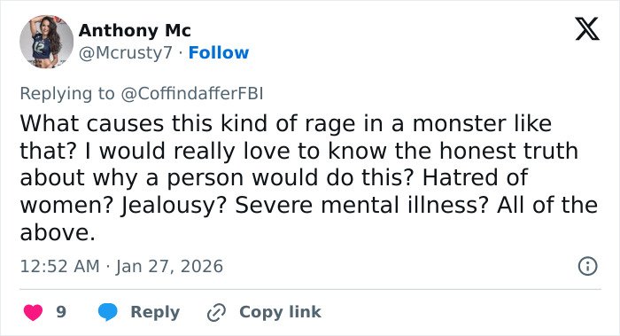 Twitter post discussing rage and motives related to disturbing new details about final moments from autopsy reports.