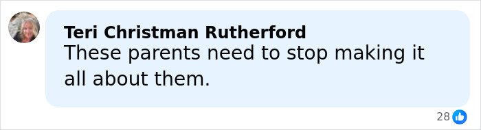 Comment by Teri Christman Rutherford expressing frustration about parents making everything about themselves, displayed on a social media post.